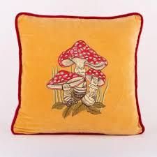 Les-Ottomans Embroidered Velvet Cushion Mushrooms Ebc41
