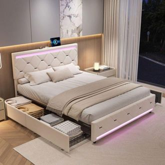 OEM Cama Doble 160x200 Cm - Gran Lujo - Terciopelo Blanco - 4 Cajones - Led Rgb 9 Colores