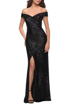 La Femme Off the Shoulder Ruched Sequin Dress with Slit in Black at Nordstrom, Size 14