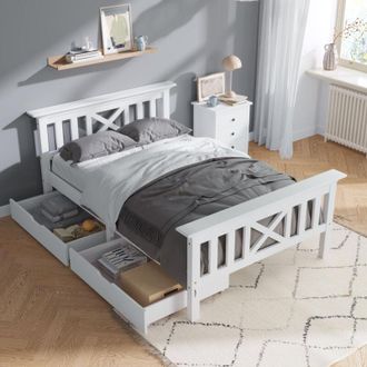 C&A Solid Pine Wood Single Bed Frame with Drawers-3FT Storage Bed for Adultsand Teens(White 90x190cm)