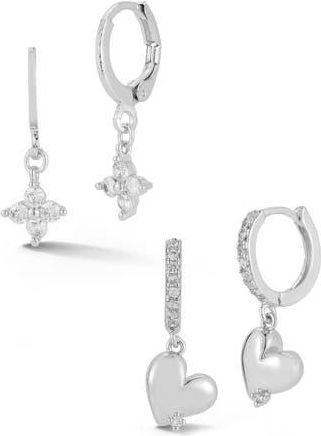 Glaze Jewelry Set of 2 Cubic Zirconia Clover & Heart Drop Huggie Hoop Earrings in Silver at Nordstrom Rack