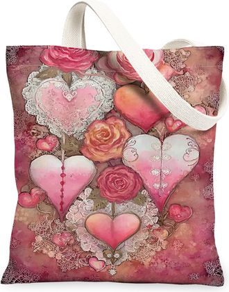 Generic ValentineS Day Floral Canvas Tote Bags, Heart Pattern Reusable Shopping Bags, Romantic Vintage Lightweight Washable Should, Peach, 13x15 Inch
