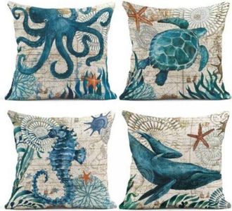 OEM Juego De 4 Fundas De Coj&iacute;n De 45 X 45 Cm Con Tem&aacute;tica N&aacute;utica Azul Oc&eacute;ano: Pulpo, Caballito De Mar, Tortuga Y Ballena. Estilo Mediterr&aacute;neo. Fundas De 