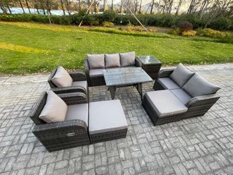 Fimous Outdoor Rattan Garden Furniture Set 9 Seater Patio Lounge Sofa Set with Dining Table 2 Big Footstool Side Table in Dark Grey