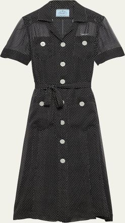 Prada Polka-Dot Chiffon Short-Sleeve Midi Shirtdress