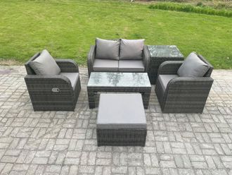 Fimous Rattan Lounge Sofa Set Outdoor Garden Furniture Set with Rectangular Coffee Table Big Footstool Love Sofa Side Table in Dark Grey
