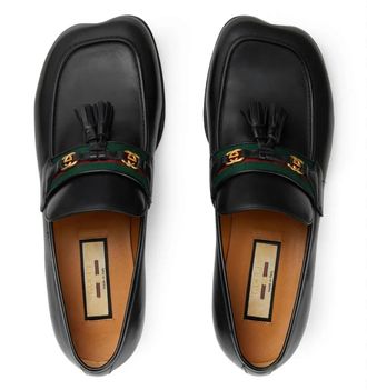 Gucci Black Leather Web Interlocking Loafers Size 38.5