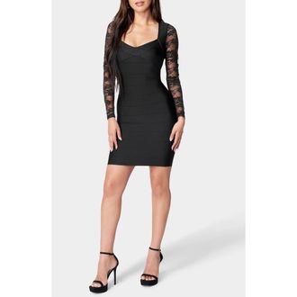Bebe Lace Sleeve Bandage Minidress in Black at Nordstrom Rack, Size Large