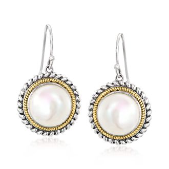 Ross-Simons 10.5-11mm Cultured Pearl Roped-Edge Drop Earrings in Sterling Silver and 14kt Yellow Gold