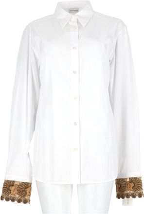 Dries Van Noten White Lace Cuffs Button-Up Cotton Shirt