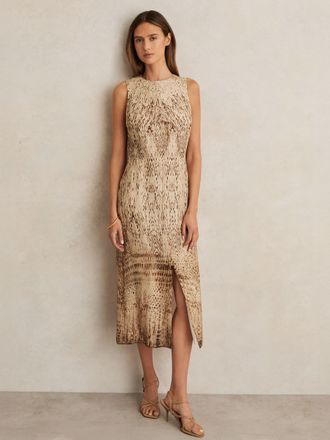 Reiss Womens Cream & Brown Animal Print Tuck Detail Midi Dress, Size: 4