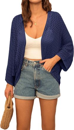 Grace Karin Summer Cardigans for Women UK Lightweight, 3/4 Batwing Sleeve Open Front Crochet Cardigan, Casual Loose Drape Waterfall Beach Cover Up Dark Blue