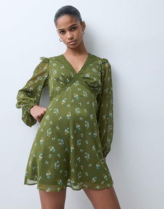 Wednesday's Girl vestito corto a maniche lunghe con stampa floreale kaki-Multicolore