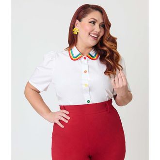 Unique Vintage Plus Size 1940s Collared Blouse in White W/rainbow Details at Nordstrom, Size 3X
