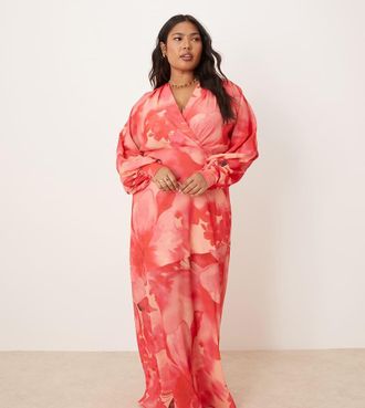 Pretty Lavish Curve batwing maxi dress in oversized floral-pink
