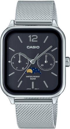 Casio Moonphase Mesh Strap Watch, 44.5mm x 34mm in Silver/Black at Nordstrom