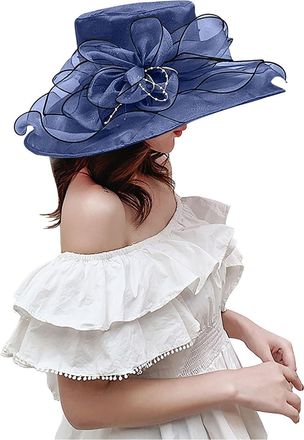 Generic Organza Wide Brim Wedding Hats Womens Sun Hat Ladies Summer Bridal Gauze Cap for Church Floral Bride Party Elegant Large Ladies Fedoras Navy One Size