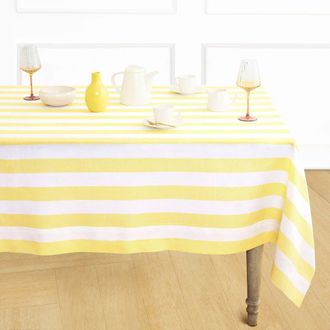 Solino Home Linen Tablecloth for Dining Table, Holiday and Everyday Dining Table Decor - Cabana Stripe in Primrose Yellow And White at Nordstrom