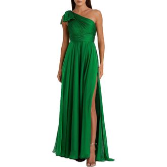 Mac Duggal Pleated One Shoulder Chiffon Gown in Emerald at Nordstrom, Size 14