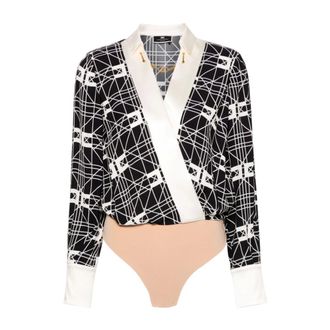 Elisabetta Franchi Body, female, Black, Size: S Crossover Bodysuit-Style Blouse