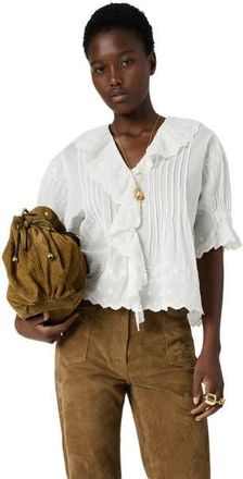 Gerard Darel Ceylia Embroidered Ruffle Detail Shirt in White at Nordstrom, Size X-Large