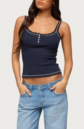 Edikted Contrast Stich Lace Henley Tank in Navy at Nordstrom, Size X-Small