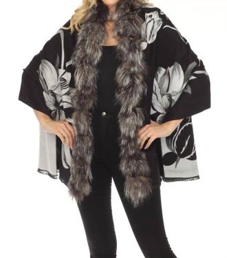 Belle Fare Real Silver Fox Trim Cashmere Blend Floral Wrap Cover-Up In Black/white