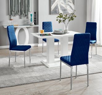 Furniturebox Imperia 4 Seater Modern White High Gloss Rectangular Dining Table & 4 Milan Velvet Chairs in Navy
