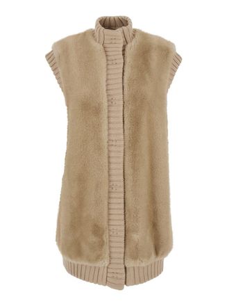 Pinko Genovese Beige Sleeveless Vest With High Neck And Ribbed Details In Ecofur Woman
