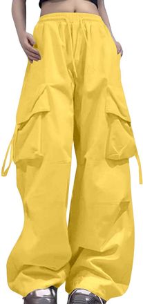 Generic 2025 Trousers Cargo Pants Woman Relaxed Fit Baggy Clothes Black Pants High Waist Zipper Slim Drawstring Waist with Pockets Loose Plus Size (Yellow, XX