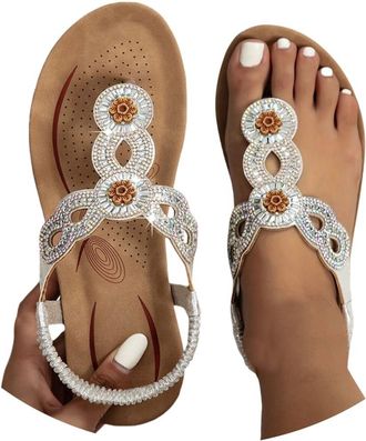 Generic Ladies Faux Leather Open Toe T-Bar Diamante Gem Stone Flat Summer Sandals Causal Lightweight Slip on Slides Platform Slippers Beach Holiday Essential 