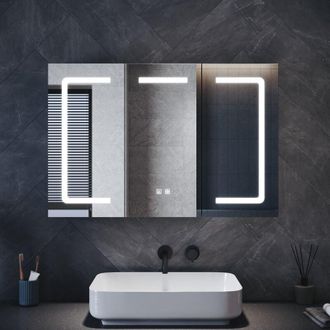Elegant Lighting LED Three-Door Bathroom Mirror Cabinet with Shaver Charging Socket, Dimmable LED Lighting, Anti-Fog, Large Size & Capacity, Light Coffee