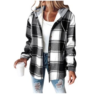 Generic Womens Plaid Fleece Lined Jacket - Wool Quilted Coats, Hooded Drawstring Lumberjacket, Button Down, Sweatshirt Hoodie, Checked, Ladies Elegant Shirt, 