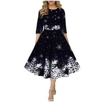 Generic Christmas Dresses for Women UK Elegant Long Sleeve Round Neck Tunic Dresses Ladies Christmas Snowflake Print Dress Winter Party Dress Festival Jumper 