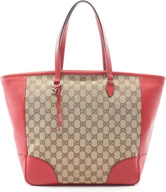 Gucci Beige Red Color Canvas Leather Handbag Tote Bag (Pre-Owned)
