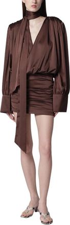 Rotate Chiffon LS V-neck Jurk - Dames - Korte kleedjes - Bruin - M - Chiffon - Kleedjes