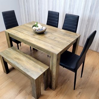 Kosy Koala Dining Table Set for 6 Rustic Wood Table with 4 Black Chairs & 1 Bench in Brown