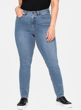 Sheego Stretch-Jeans SHEEGO, Damen, Gr. 40, Normalgr&ouml;ssen, blau (blau denim), 37% Viskose, 34% Baumwolle, 27% Polyester, 2% Elasthan, unifarben, lang, Jeans 
