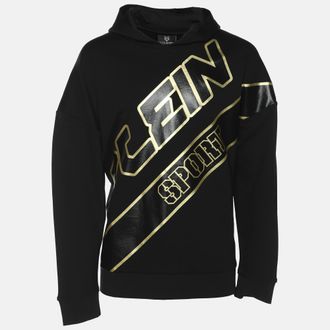 Plein Sport Plein Sport Black/gold Jersey Logo Print Hooded Sweatshirt