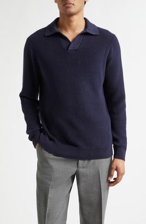 Thom Sweeney Skipper Long Sleeve Cotton Polo in Navy at Nordstrom, Size X-Large