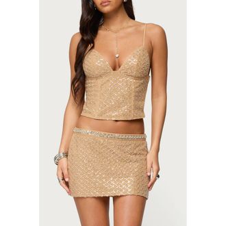 Edikted Jenny Beaded Mesh Crop Camisole in Beige at Nordstrom, Size X-Small