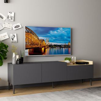Dmora Mueble Para Tv postal, 3 Puertas Abatibles, 3 Compartimentos, 160x37x48h Cm, Negro Antracita