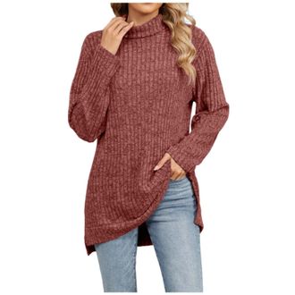 Generic Ladies Roll Neck Jumper Longline Long Sleeve Tunic Tops for Women Loose Fit Casual Solid Color Sweater Shirts Plus Size Winter Warm Comfy Long Pullove
