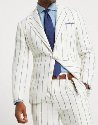 Brunello Cucinelli White Linen Wool Striped Blazer, Brand Size 46 (US Size 36)