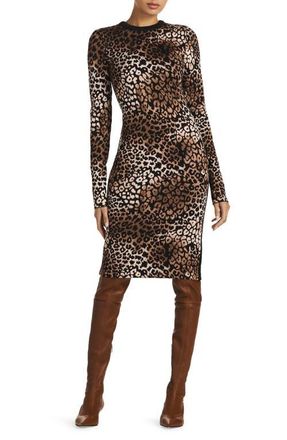St. John Leopard Jacquard Long Sleeve Body-Con Knit Dress in Camel/Black Multi at Nordstrom, Size 4