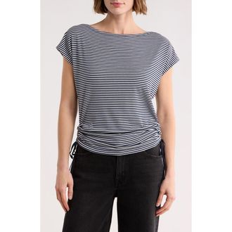 Max Studio Stripe Rib Ruched T-Shirt in Navy/Ecru Stripe at Nordstrom Rack, Size X-Large