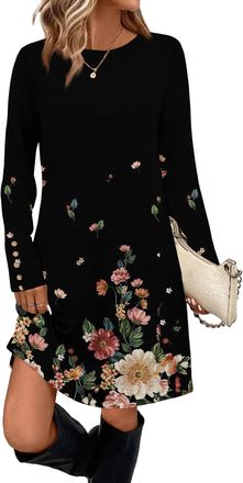 Generic Wedding Guest Dresses, Womens Round Neck Long Sleeve Pullover Elegant Mini Dress Casual Tunic Jumper Dress Sparkly Fall Outfits Women Spring Casual Dr