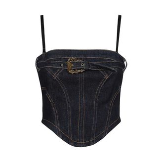 Versace Jeans Couture Sleeveless Tops, female, Blue, Size: XS Denim Crop Top with Removable Straps