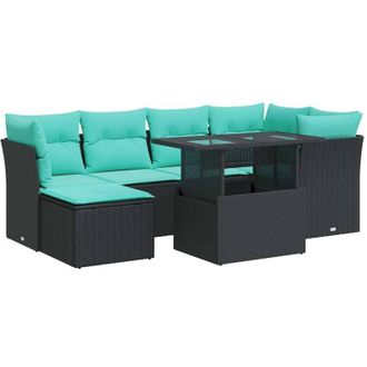 vidaXL 7 Piece Garden Sofa Set with Cushions Black Poly Rattan Acacia vidaXL