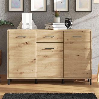 Dmora Credenza Laerru, Madia Un Cassetto, 3 Ripiani, Apertura Battente E Scorrevole, 138x40x90h Cm Marrone Rovere Nodi